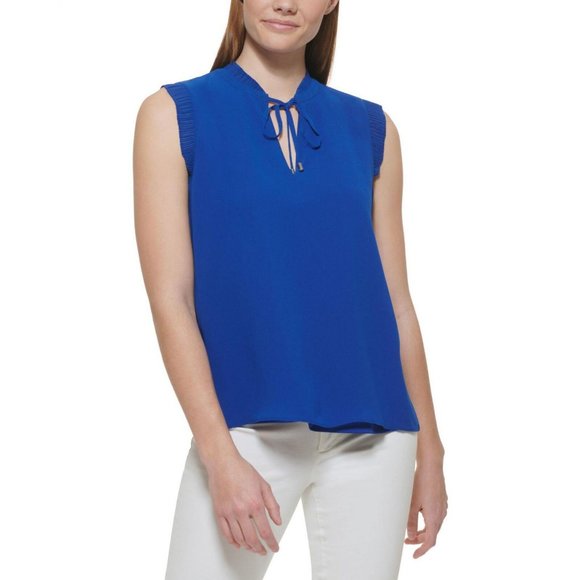 Calvin Klein Womens Sleeveless Ruffle Trim Tie Neck Blouse M2MH7874 Blue M - Picture 1 of 4
